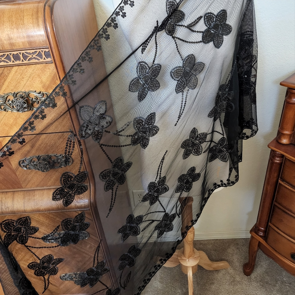 Vintage Black Floral Seguin Scarf Wrap